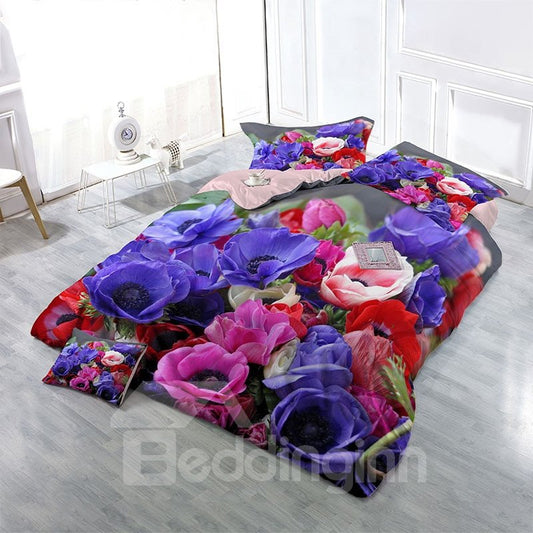 Beliebtes buntes Blumen-4-teiliges 3D-Bettwäsche-Set/Bettbezug-Set, verschleißfest, atmungsaktiv, hochwertige 60er-Jahre-Baumwolle, Lila, Rot 