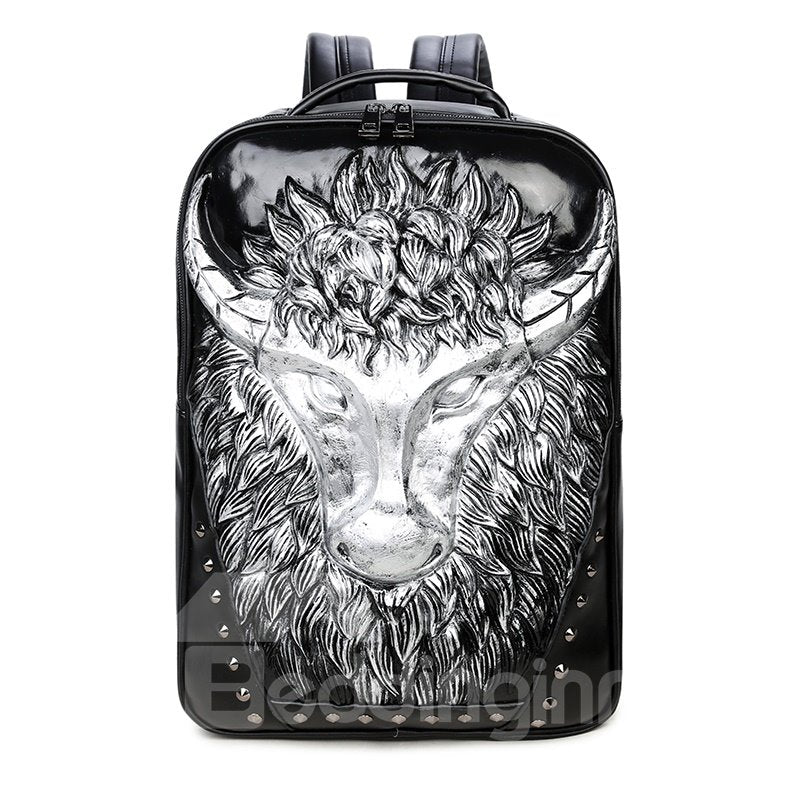 Kuhkopf 3D-PU-Leder, lässiger Laptop-Rucksack, Schultasche