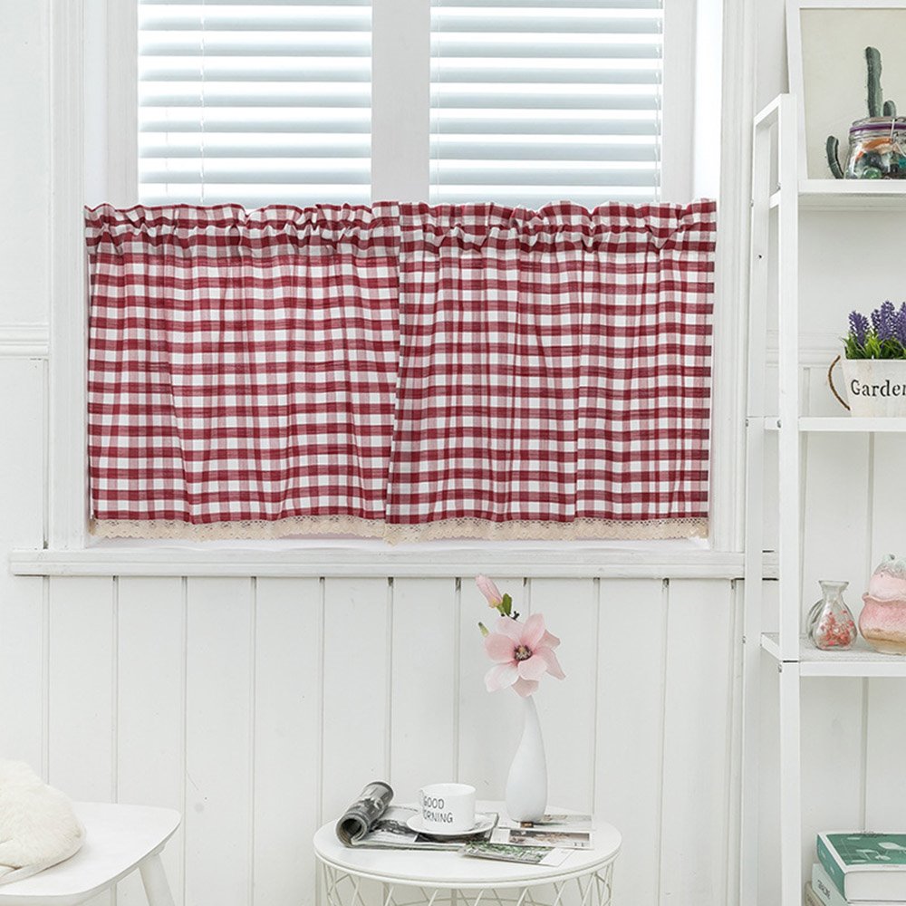 Cenefa de ventana de encaje a cuadros teñida con hilo coreano moderno, 1 pieza, cortina corta de lino para cocinas, baños, sótanos y más