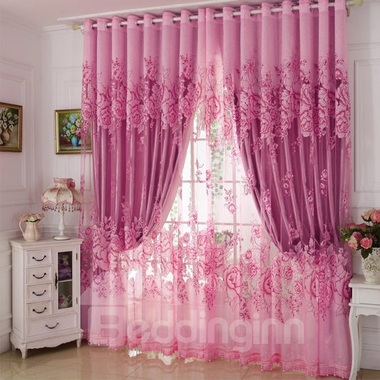 Conjuntos de cortinas para habitación con forro transparente y sólido tallado en dorado rosa clásico opaco