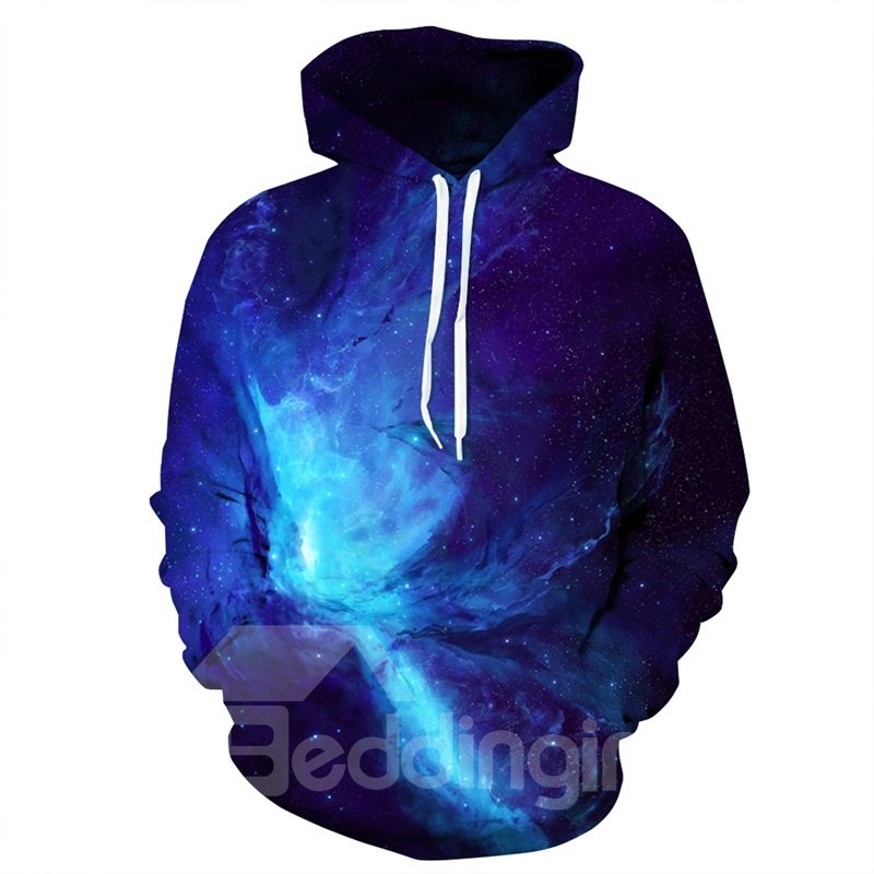 Sudadera con capucha con estampado 3D de manga larga y galaxia azul cielo