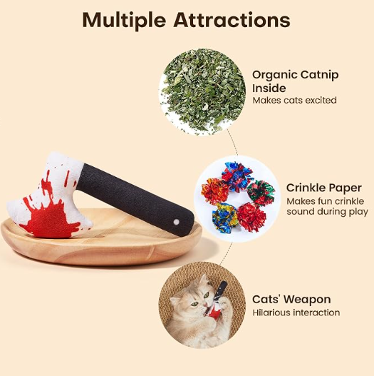 Potaroma 4Pcs Cat Toys, Horror Halloween Knife-Shaped Kitten Catnip Crinkly Sound Toys, Indoor Exercise for All Cat Breeds 6.5 Inches