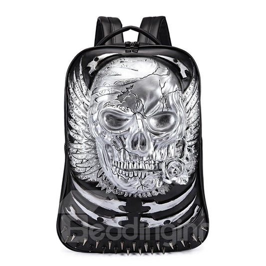 3D Skull Angel Wing Studded College Backpack PU Leather Shoulder Bag