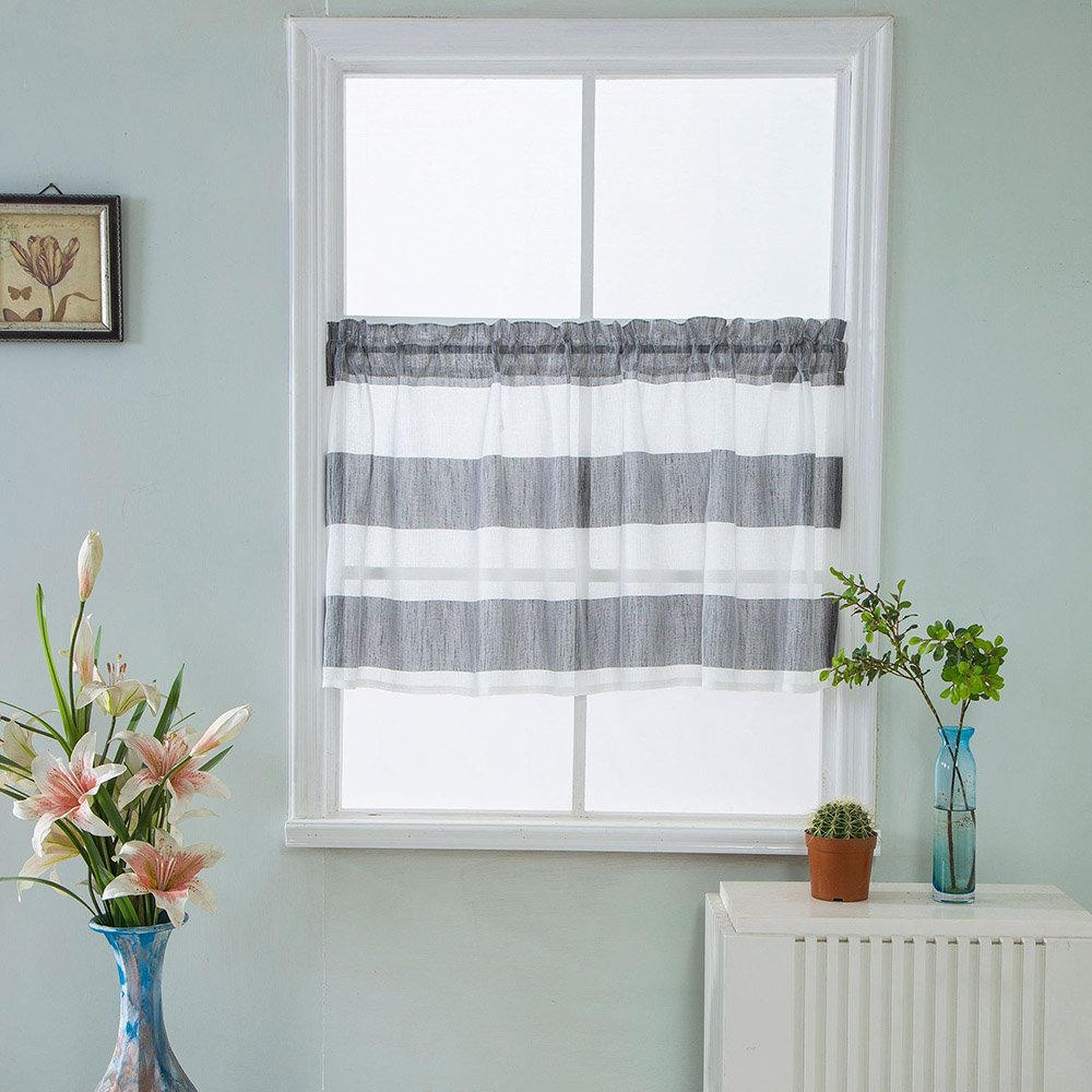 Cenefa de ventana de poliéster a rayas moderna, cortina corta de 1 pieza para cocinas, baños, sótanos y más