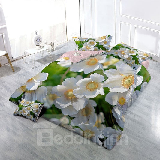 White Wildflowers Wear-resistant Breathable High Quality 60s Cotton 4-Piece 3D Bedding Sets