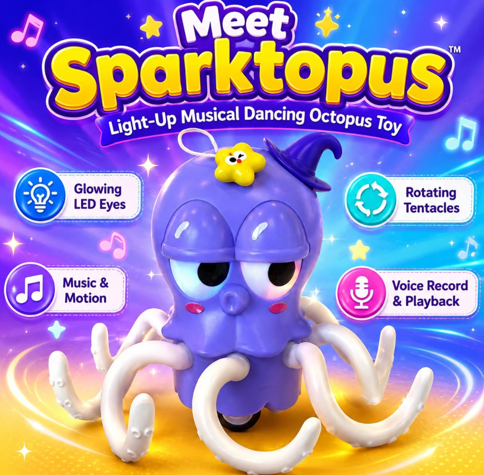 Sparktopus Dancing Octopus Baby Toy, Interactive Light-Up Musical Crawling Octopus Toy with Rotating Tentacles, Voice Record & Playback, Obstacle Avoidance, USB-C Rechargeable, Ages 3+