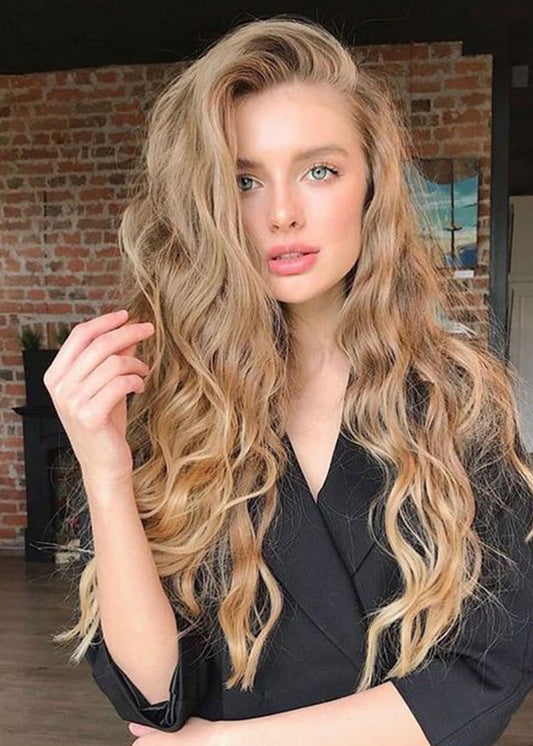 Pelucas sin tapa de pelo sintético de aspecto Natural con ondas corporales de Color rubio de longitud larga para mujer de 120% de densidad, 24 pulgadas 