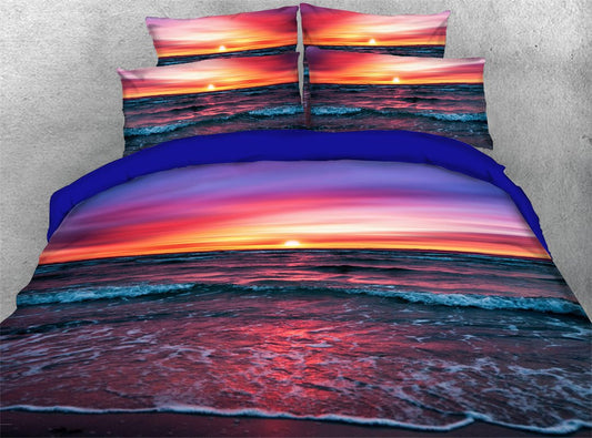 Purple Sunset 4 Piece 3D Sea Scenery Duvet Cover Set Ultra Soft Microfiber Comforter Cover with Zipper Closure and Corner Ties 2 Pillowcases 1 Flat Sheet 1 Duvet Cover
