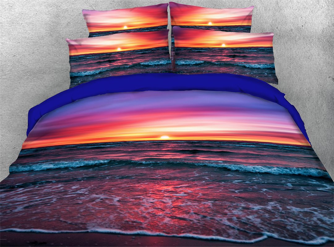 Lila Sonnenuntergang, 4-teiliges Bettbezug-Set mit 3D-Meereslandschaft, ultraweicher Mikrofaser-Bettbezug mit Reißverschluss und Eckbändern, 2 Kissenbezüge, 1 Bettlaken, 1 Bettbezug 