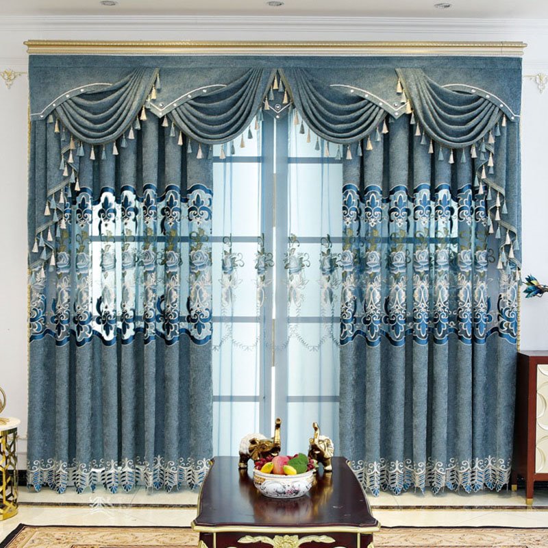 European Floral Embroidered Custom 2 Panels Breathable Blue Sheer Curtains for Living Room No Pilling No Fading No off-lining