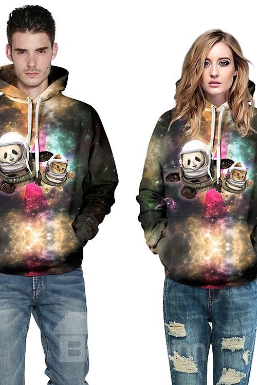 Super Long Sleeve Panda and Cat in Galaxy Pattern 3D Painted Hoodie
