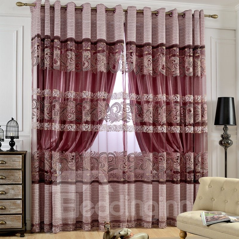 Polyester Material European Style Jacquard Technics Floral Pattern Curtain Sets