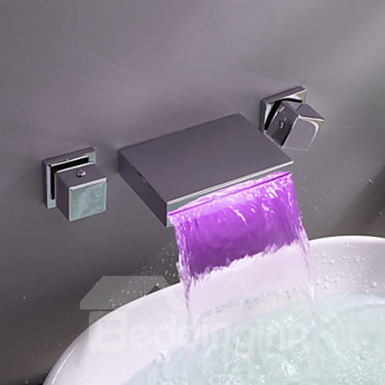 Modern Widespread Wall Mount Waterfall Three Colors LED Bathroom Sink Faucet
