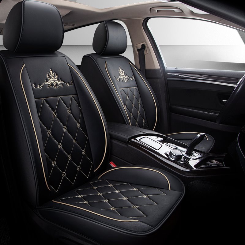 Luxuriöse Krone, schlichter Stil, hochwertiges Leder, 5-Sitzer-Sitzbezüge mit universeller Passform, Airbag-kompatibel, sicher, komfortabel und langlebig, universelle Passform, Zubehör für Auto, LKW, Van, SUV 