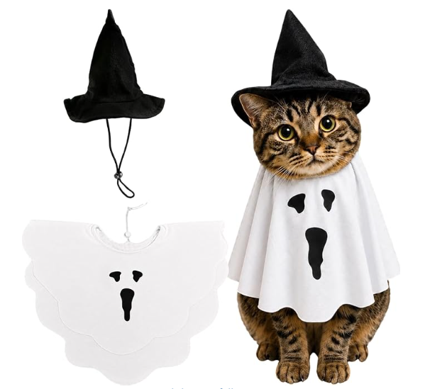Piemow Cat Halloween Costumes, Ghost Cape & Witch Hat Outfit for Small Pet