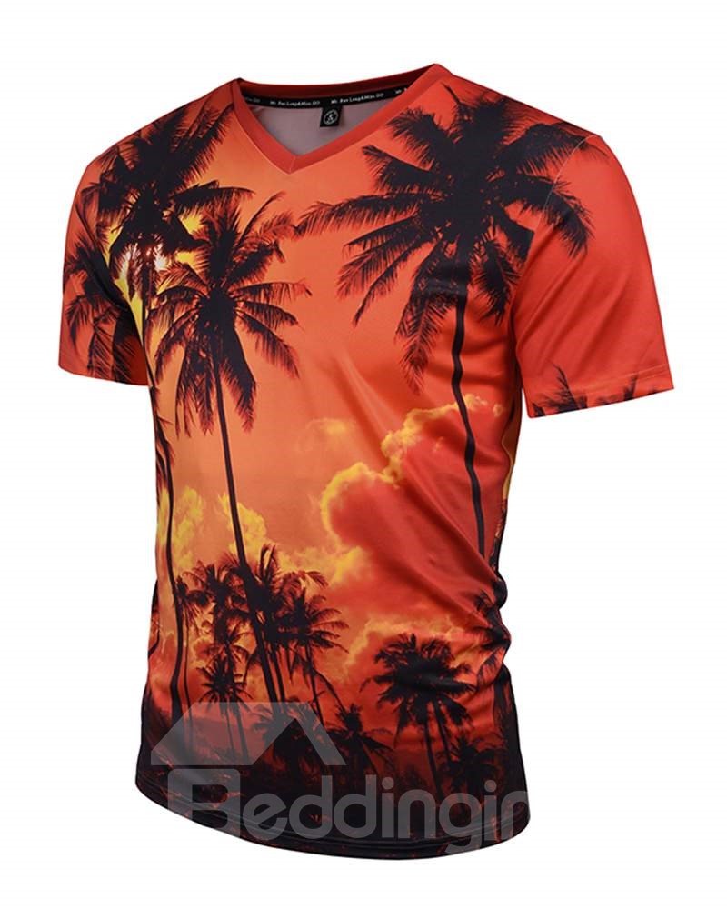 Short Sleeve Coconut Trees V-Neck 3D Pattern T-Shirt