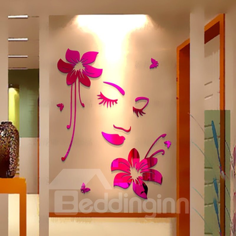 Elegante, schöne Mädchengesichter und Blumenmuster, dekorative 3D-Wandaufkleber für zu Hause