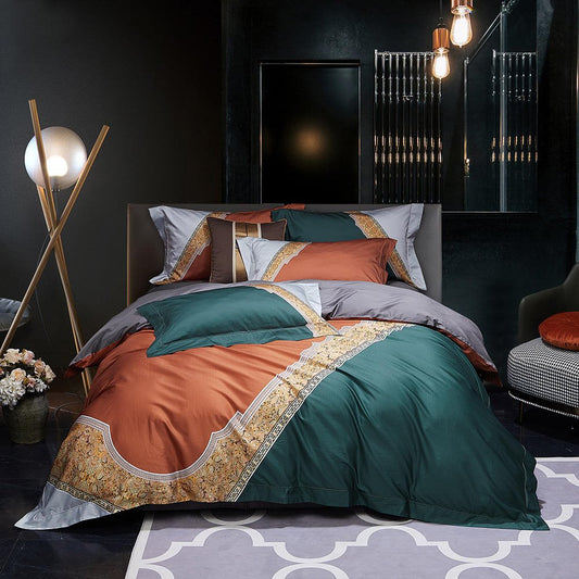 Modernes, hochwertiges 4-teiliges Bettbezug-Set, Nylon-Baumwolle, grün-orange, farblich passendes Bettwäsche-Set, 1 Bettbezug, 1 Bettlaken, 2 Kissenbezüge, weich, bequem, langlebig 