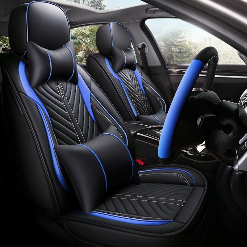 Breathable Wear-resistant PU Leather Wear-resisting Scratch No Peculiar Smell Fresh Breathable Not Stuffy Airbag Compatible 5-seater Universal Fit Seat Covers With Lumbar Pillow*2 Headrest Pillow*2 Steering Wheel Cover*1 Fit for SUV Sedan Truck