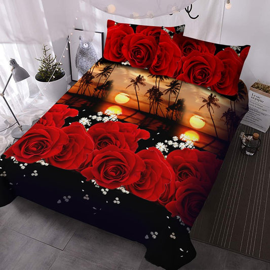 Juego de edredón de 3 piezas con rosas rojas románticas y palmeras en 3D, edredón floral 3D con 2 fundas de almohada, juego de cama de microfibra que no se decolora 