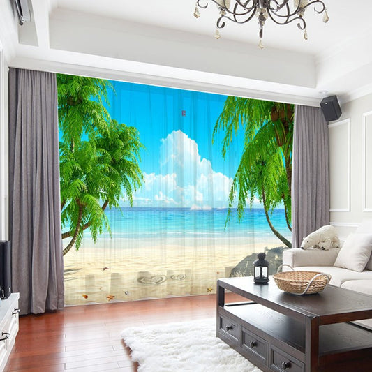Cortinas transparentes con decoración de paisaje de playa en 3D para sala de estar, tasa de sombreado del 30%, sin pelusas, sin decoloración, sin forro 