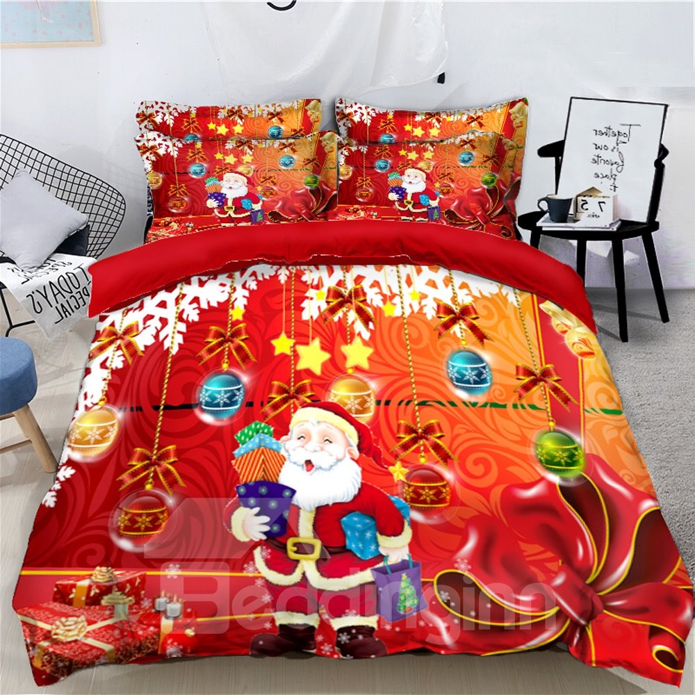 Weihnachtsmann hält Geschenke, bedruckte 3D-4-teilige Weihnachtsbettwäsche-Sets/Bettbezüge