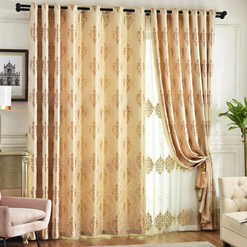 Modern Jacquard Sheer Curtains for Living Room Bedroom Decoration Golden Custom 2 Panels Breathable Voile Drapes No Pilling No Fading No off-lining Polyester