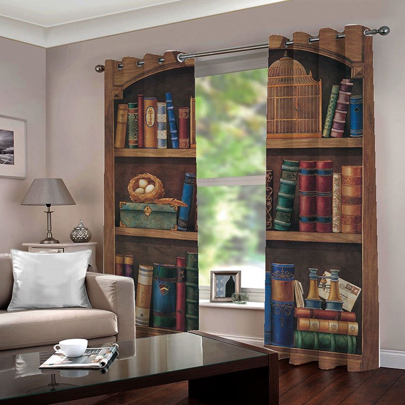 Vintage Blackout 3D Bookcase Print Blackout Polyester Curtains No Pilling No Fading No off-lining 80W 84L Inches