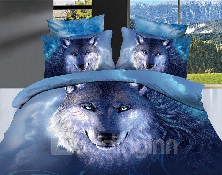 3D Oil Painting Wolf 4-Piece Blue Animal Bedding Set/Duvet Cover Set Soft Microfiber Blue