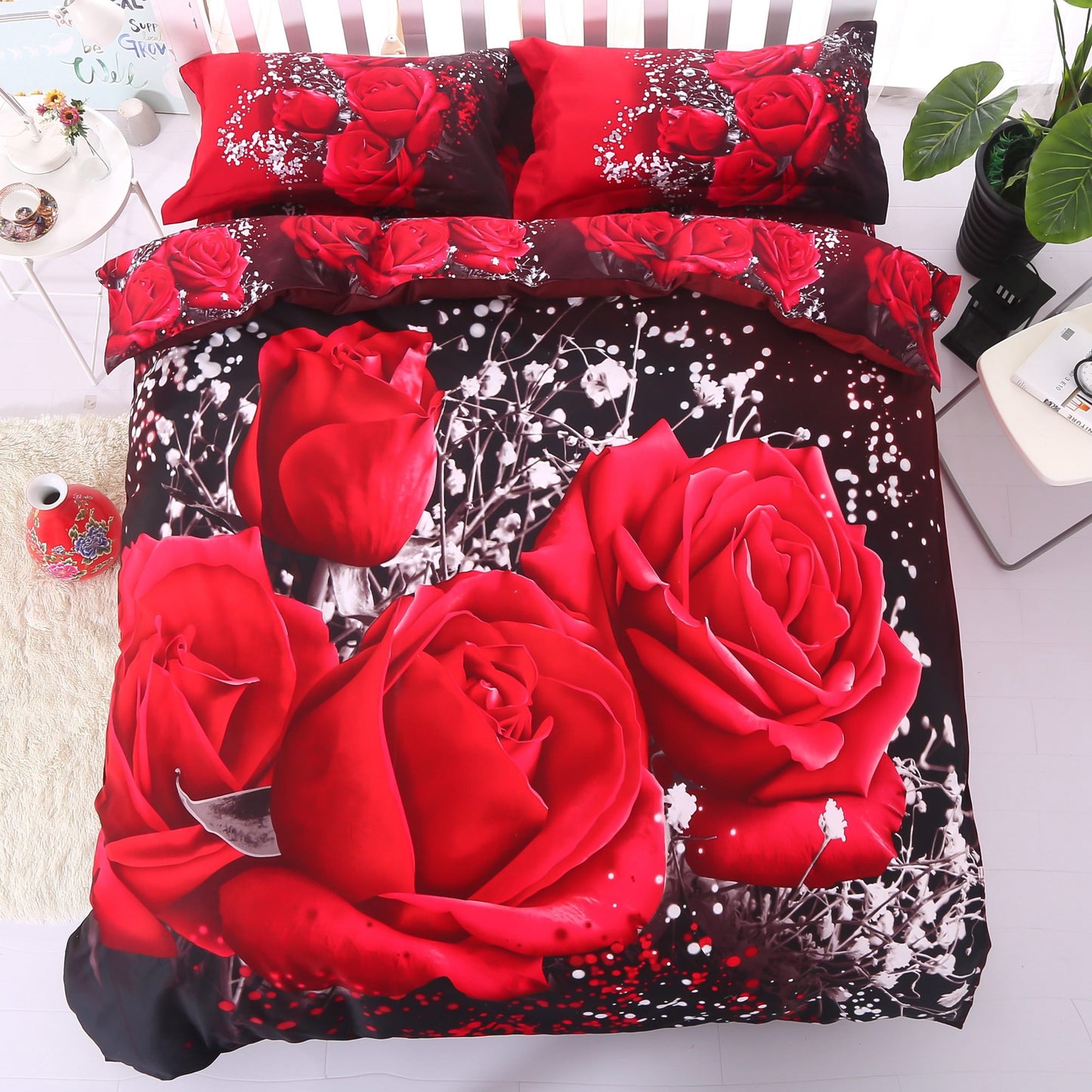 Luxuriöse 3D-Bettwäsche-Sets/Bettbezüge aus weicher Baumwolle mit leidenschaftlichem roten Rosen-Aufdruck, ultraweich, lichtecht