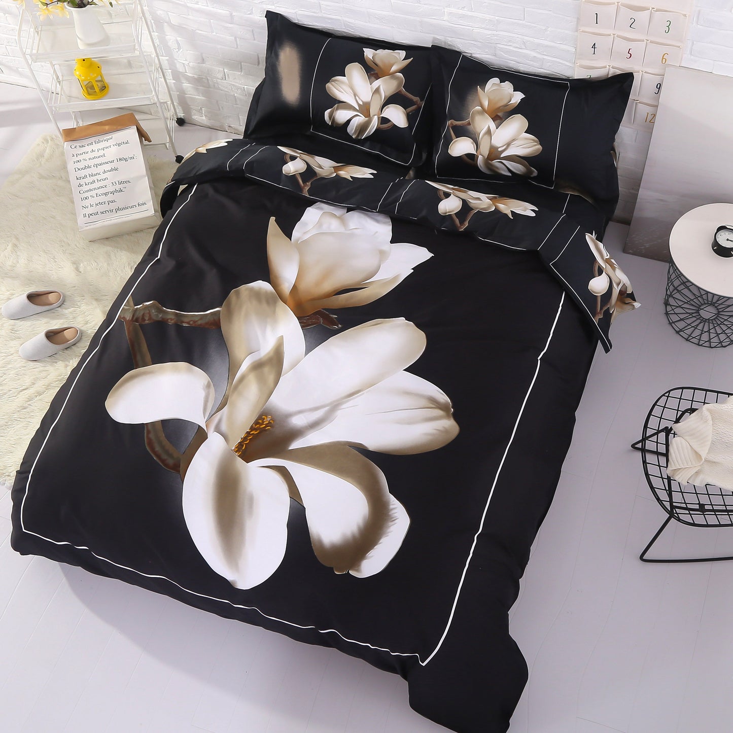 Nur in den USA 3D-weißes Magnolien-bedrucktes 4-teiliges Blumen-Bettwäsche-Set/Bettbezug-Set, Mikrofaser, Schwarz