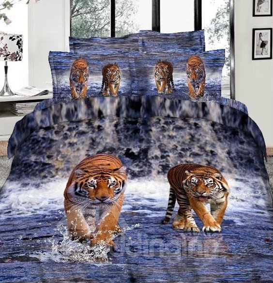 Juego de ropa de cama/funda nórdica de 4 piezas con estampado de tigre caminando en cascadas 3D solo en EE. UU. 