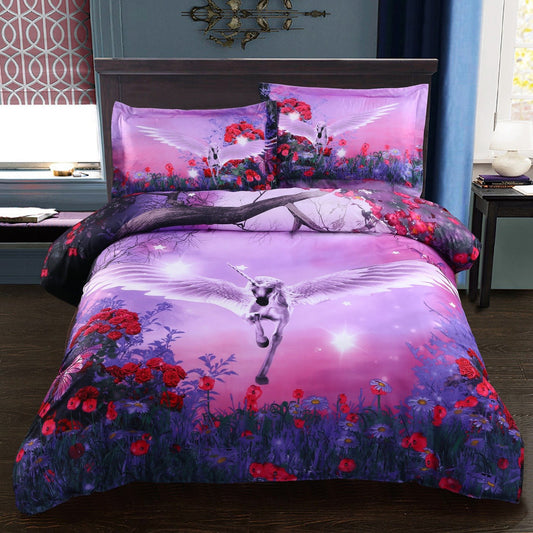 US Only Flying Unicorn with Wings 4-Piece Duvet Cover Set/Bedding Set Polyester Purple