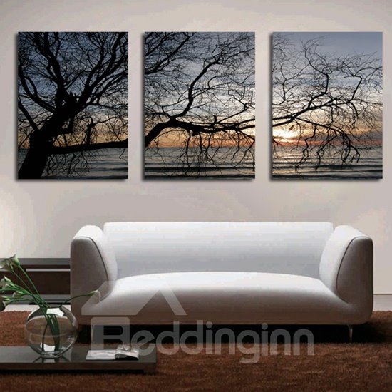 Einzigartige 3-teilige Leinwand-Kunstdrucke mit kahlen Baumzweigen im Sonnenuntergang