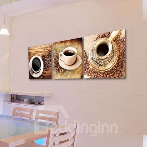 Hermosos juegos de tazas de café y granos de café impresos Impresiones de arte de pared de película cruzada de 3 piezas 