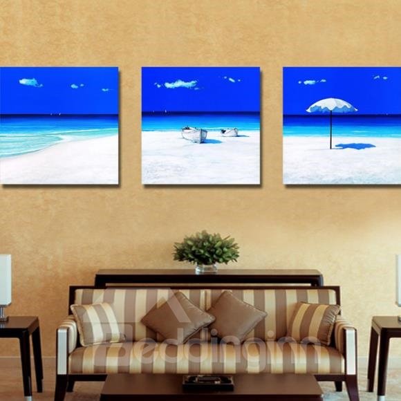 New Arrival Beautiful White Sand Beach and Blue Sea Print 3-piece Cross Film Wall Art Prints
