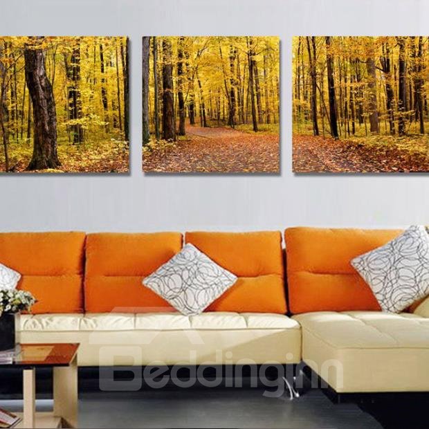 New Arrival Beautiful Yellow Forest Print 3-piece Cross Film Wall Art Prints