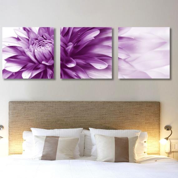 Neu eingetroffen: Wunderschöner 3-teiliger Cross-Film-Wandkunstdruck mit violettem Chrysanthemendruck 