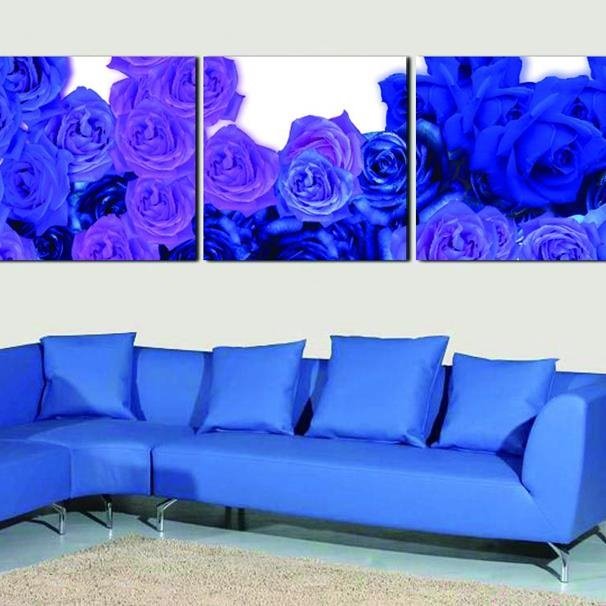 New Arrival Romantic Blue Roses Print 3-piece Cross Film Wall Art Prints