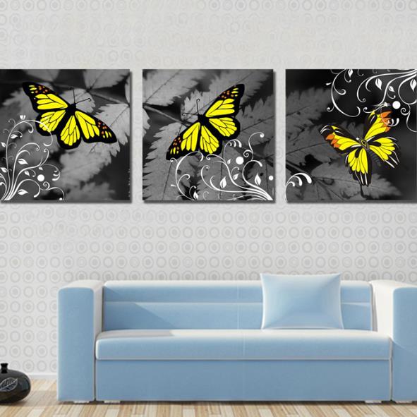 Impresiones de arte de pared de película cruzada de 3 piezas con estampado de mariposa amarilla encantadora de estilo moderno de nueva llegada 