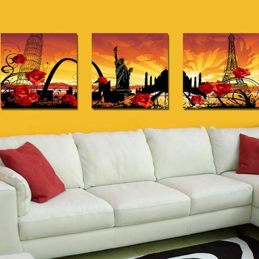 Impresión de hermosas rosas rojas y lugares famosos Impresiones de arte de pared de película cruzada de 3 piezas 