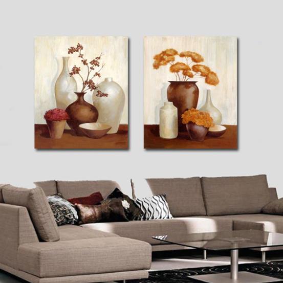 New Arrival Oil-painting Style Lovely Brown and White Vases Print 2-piece Cross Film Wall Art Prints