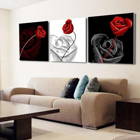 New Arrival Elegant Red Roses and Shadow Print 3-piece Cross Film Wall Art Prints