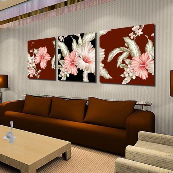 Lujosas impresiones en lienzo cruzado de 3 piezas con flores de lirio rosa y beige