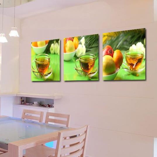 Nueva llegada, impresiones artísticas de pared de película cruzada de 3 piezas con estampado de frutas y té perfumado encantador 