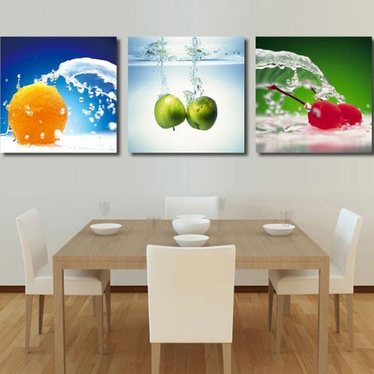 Nueva llegada, impresiones artísticas de pared con película cruzada de 3 piezas con estampado de frutas preciosas en agua 