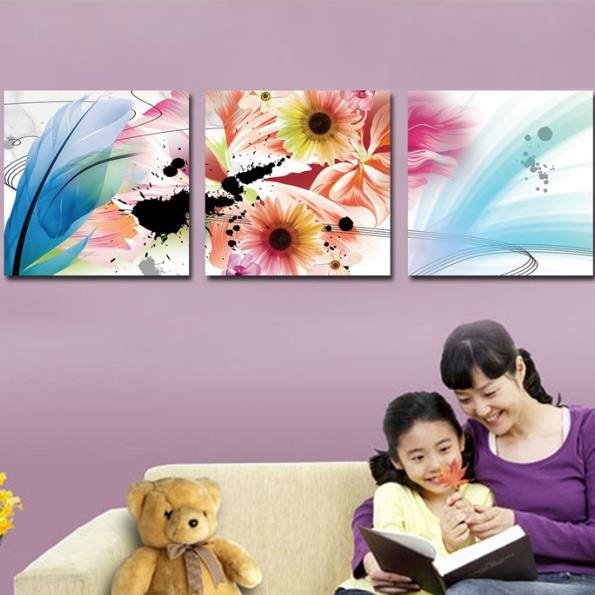 New Arrival Lovely Colorful Flowers and Feather Print 3-piece Cross Film Wall Art Prints