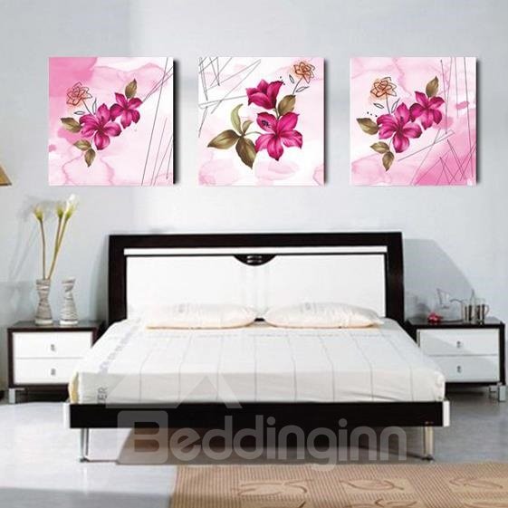 New Arrival Pretty Purple Lily Flowers and Leaves Print 3-piece Cross Film Wall Art Prints