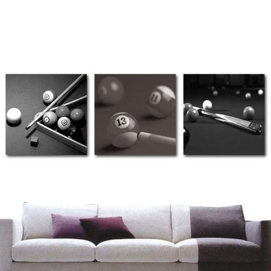 New Arrival Elegant Grey Billiards and Cue Print 3-piece Cross Film Wall Art Prints