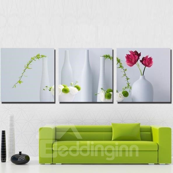 Nueva llegada flores preciosas en jarrón blanco estampado 3 piezas película cruzada impresiones artísticas de pared